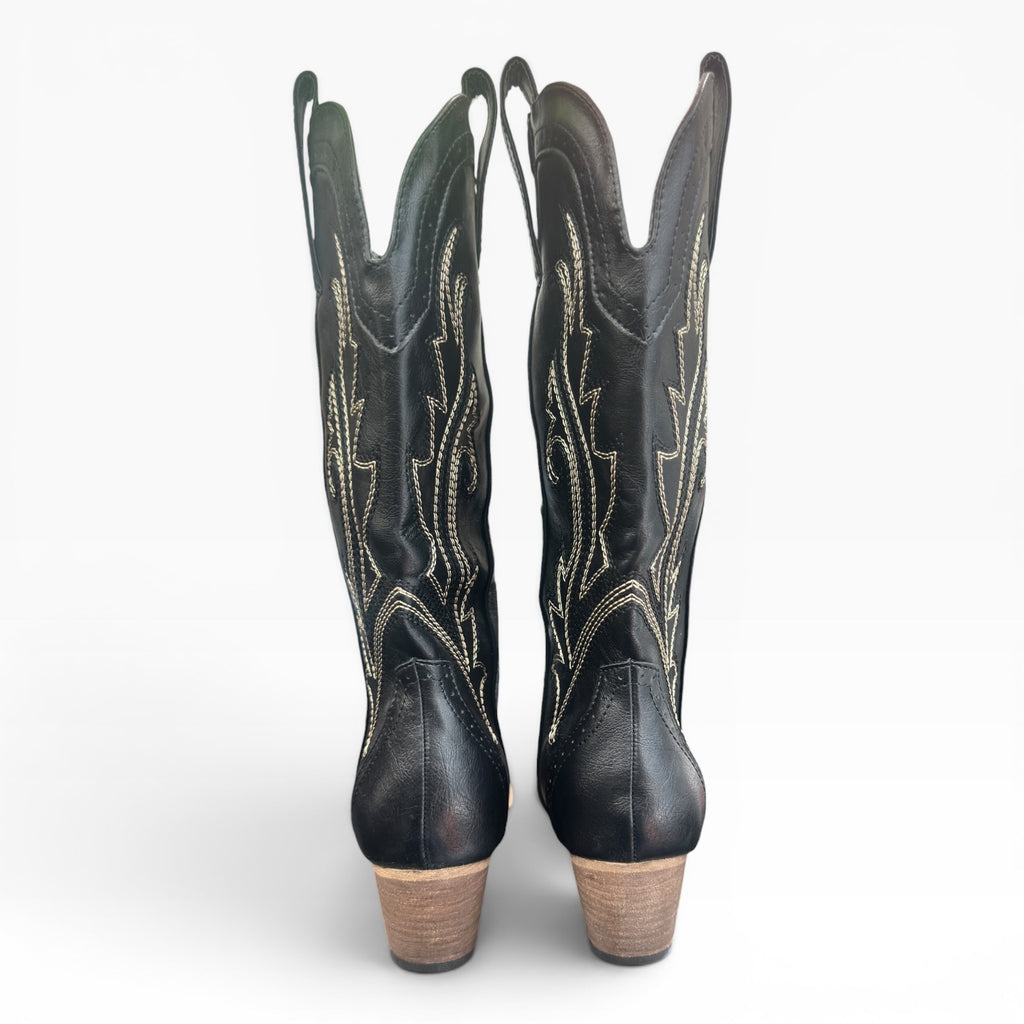 Rollda Hisea Cowgirl Boots Women Western Black Stitched Embroidered NIB Size 8.5