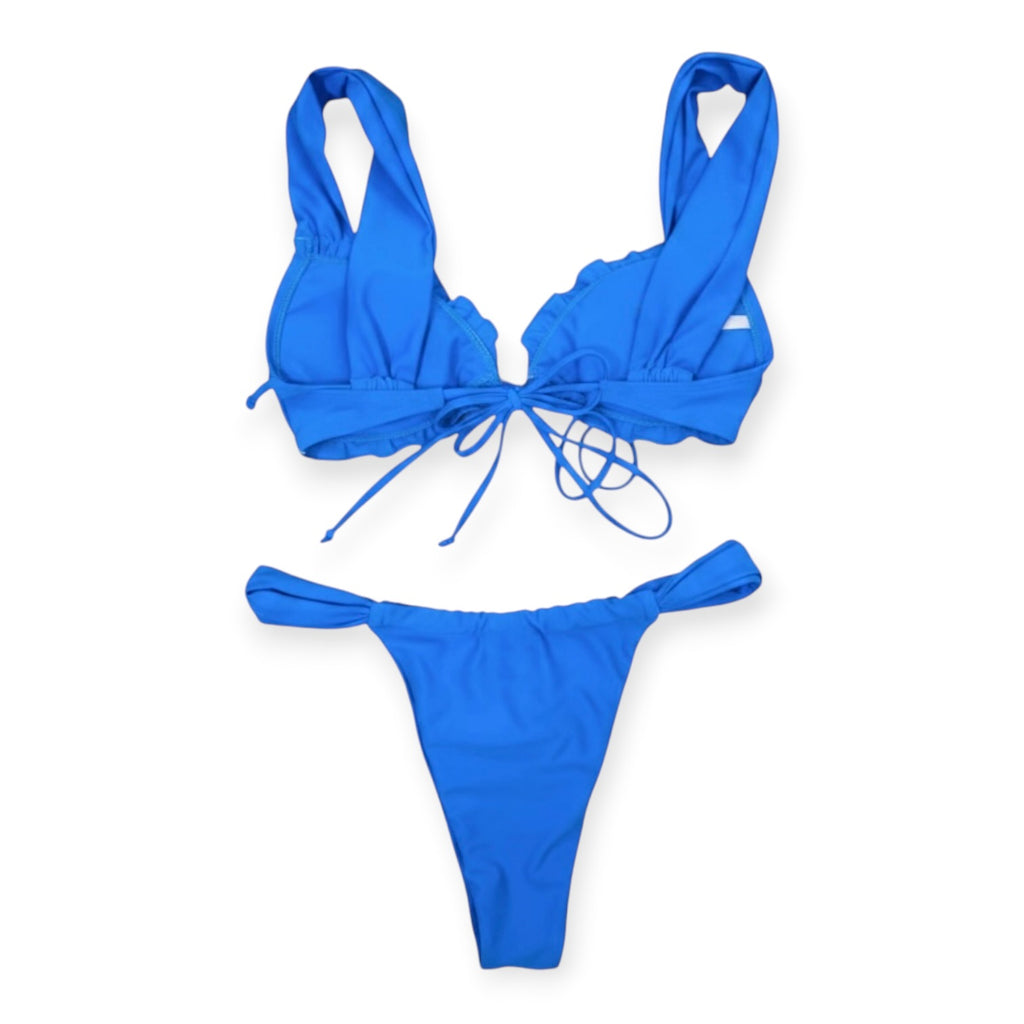 Shein Women's Two Piece Bikini Set Beach Tie Front Frill Trim Bathing Suit Blue M