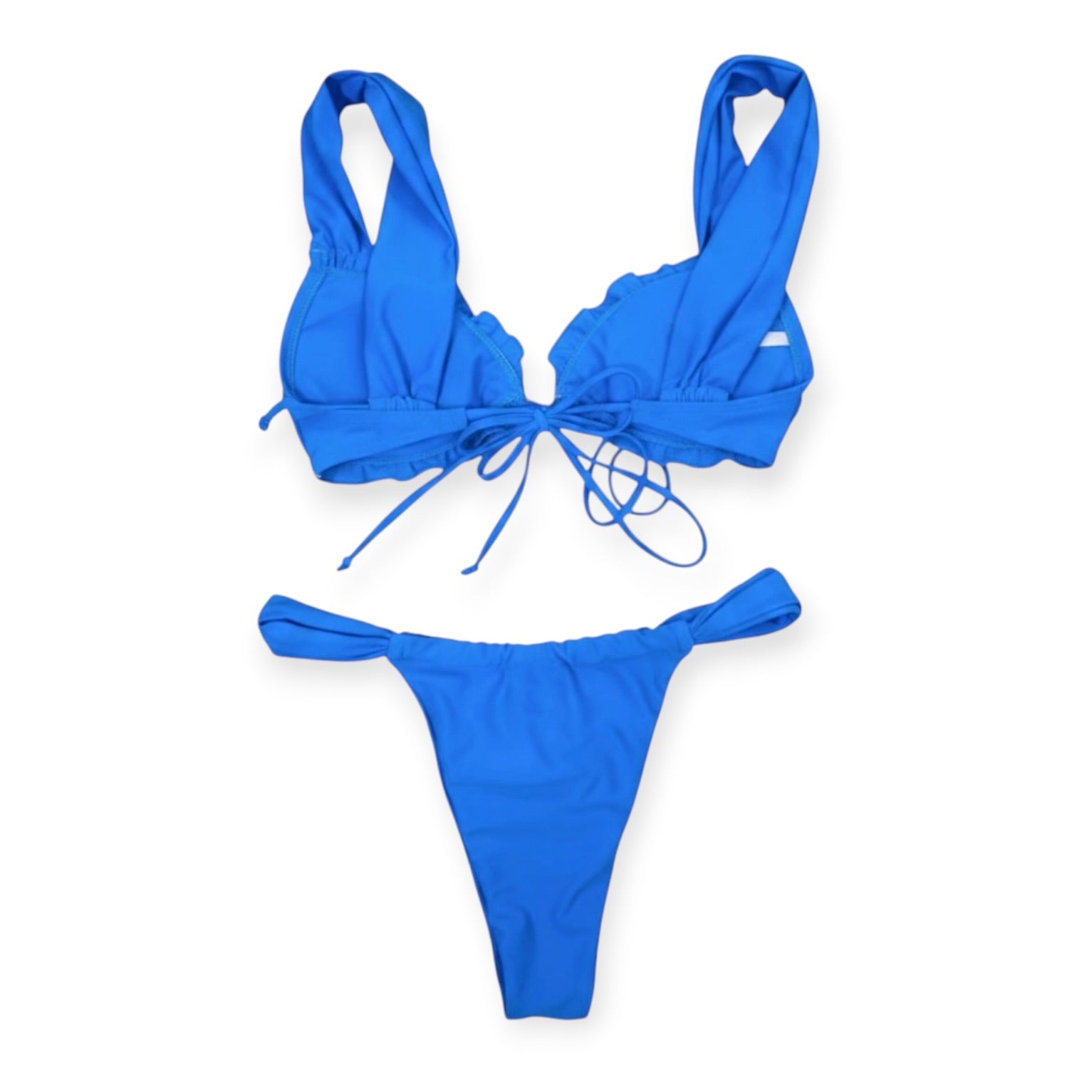 Shein Women's Two Piece Bikini Set Beach Tie Front Frill Trim Bathing Suit Blue M