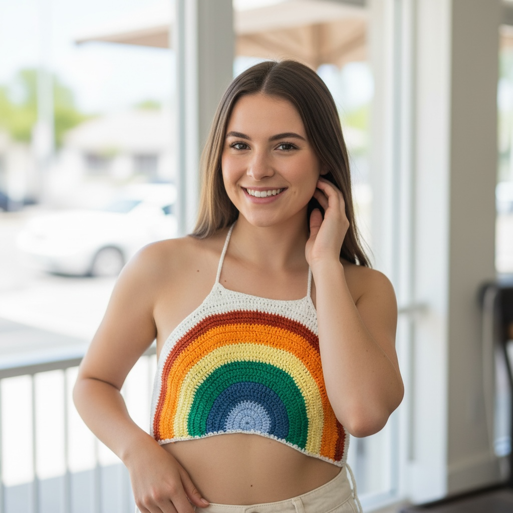 Women's SHEIN Rainbow Crochet Halter Crop Top 0XL White