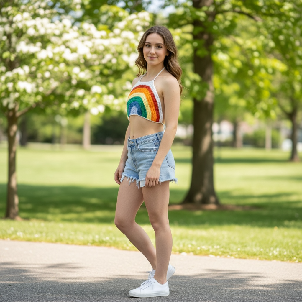 Women's SHEIN Rainbow Crochet Halter Crop Top 0XL White
