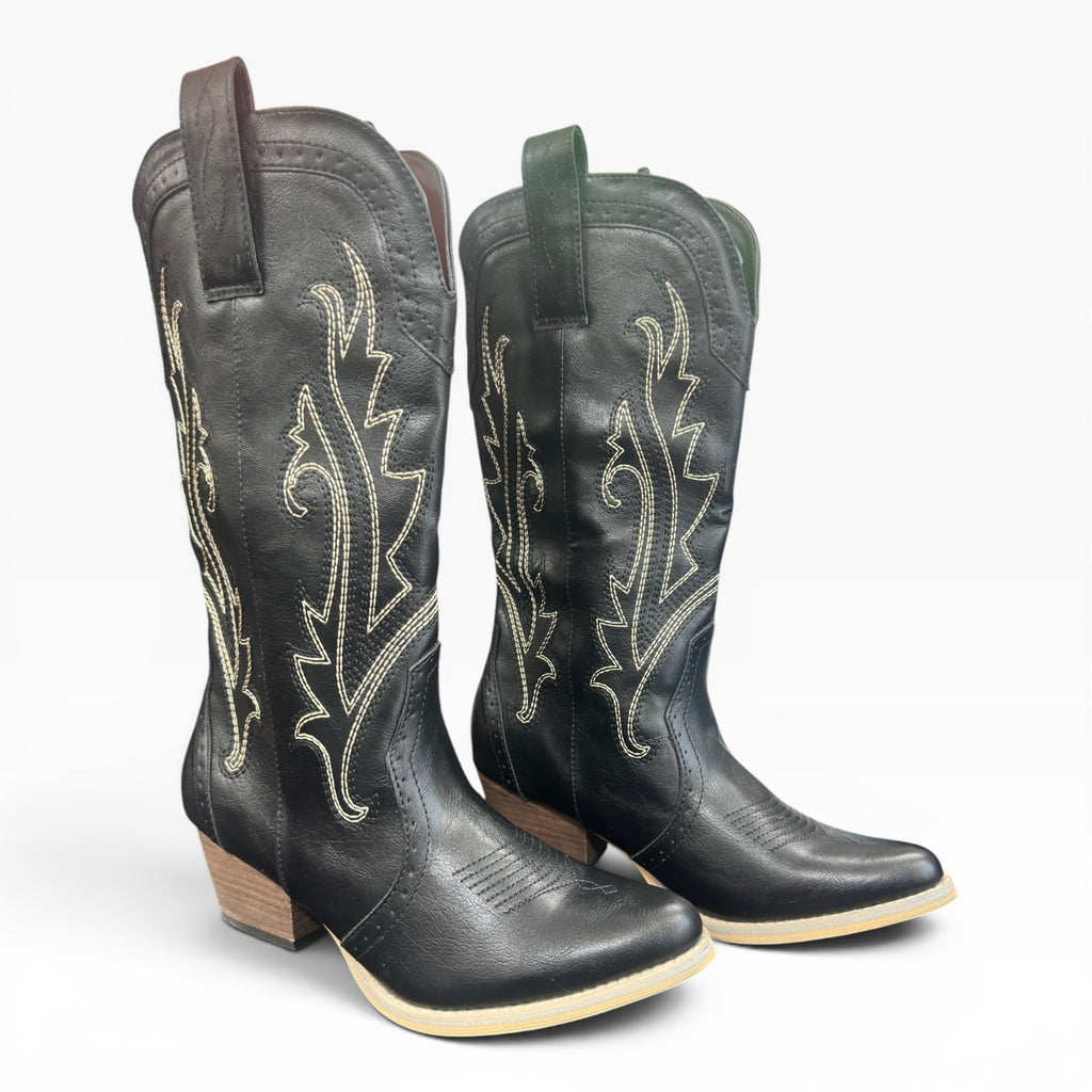 Rollda Hisea Cowgirl Boots Women Western Black Stitched Embroidered NIB Size 8.5