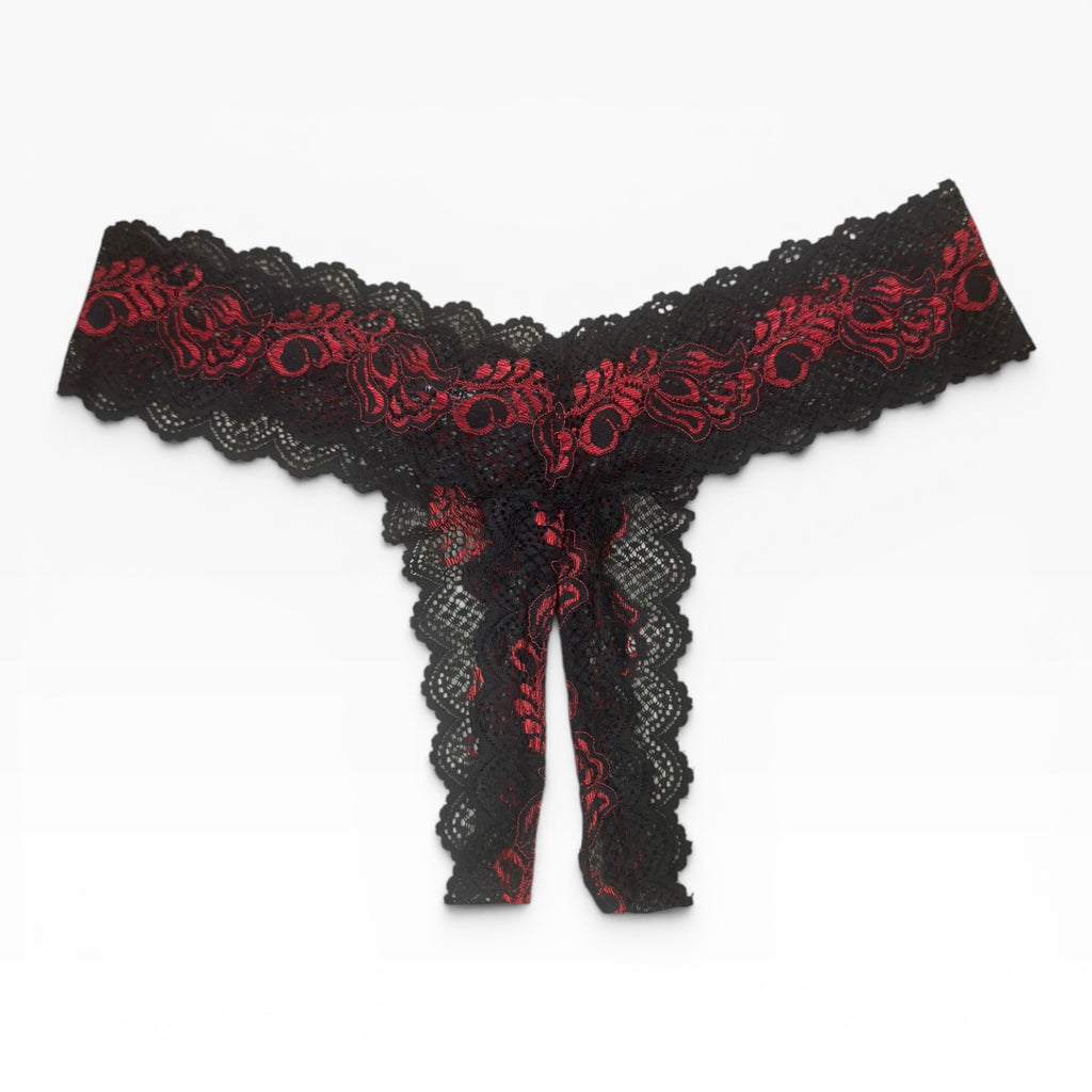 René Rofé Crotchless Lace V-Thong Panties Size M/L Red and Black