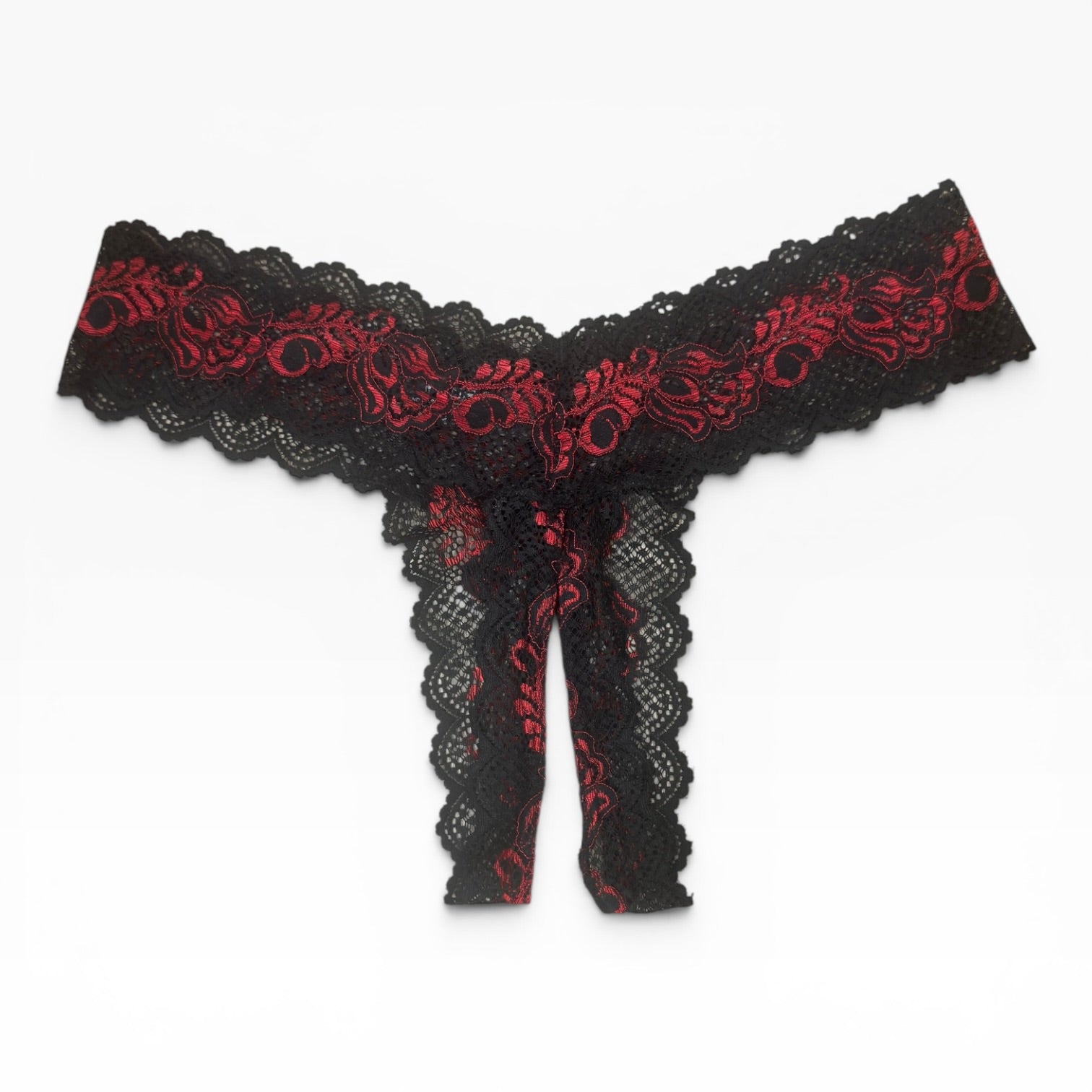 René Rofé Crotchless Lace V-Thong Panties Size M/L Red and Black