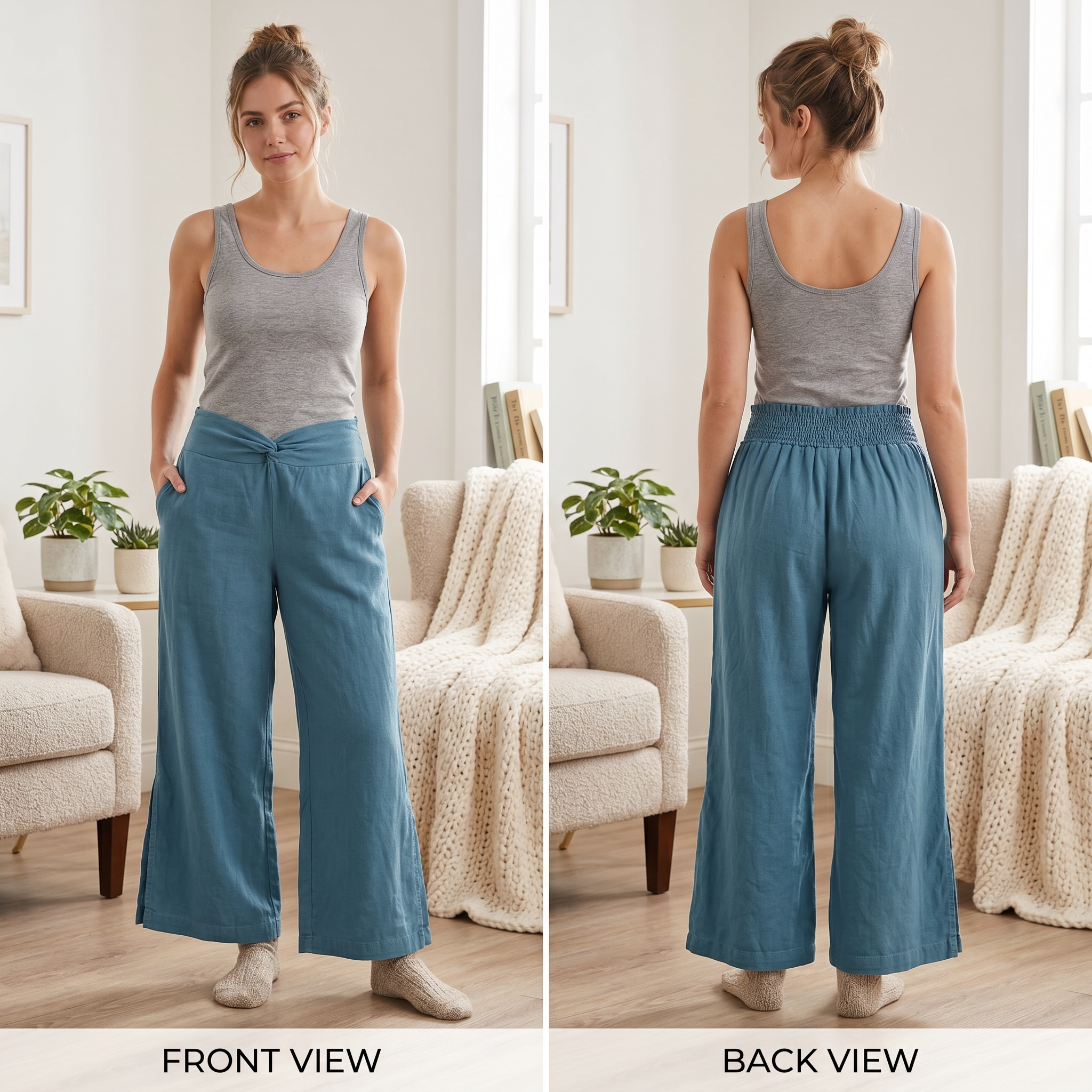 Indigo Rein Women's Linen Lounge Pants Teal Blue Wide Leg Size XL