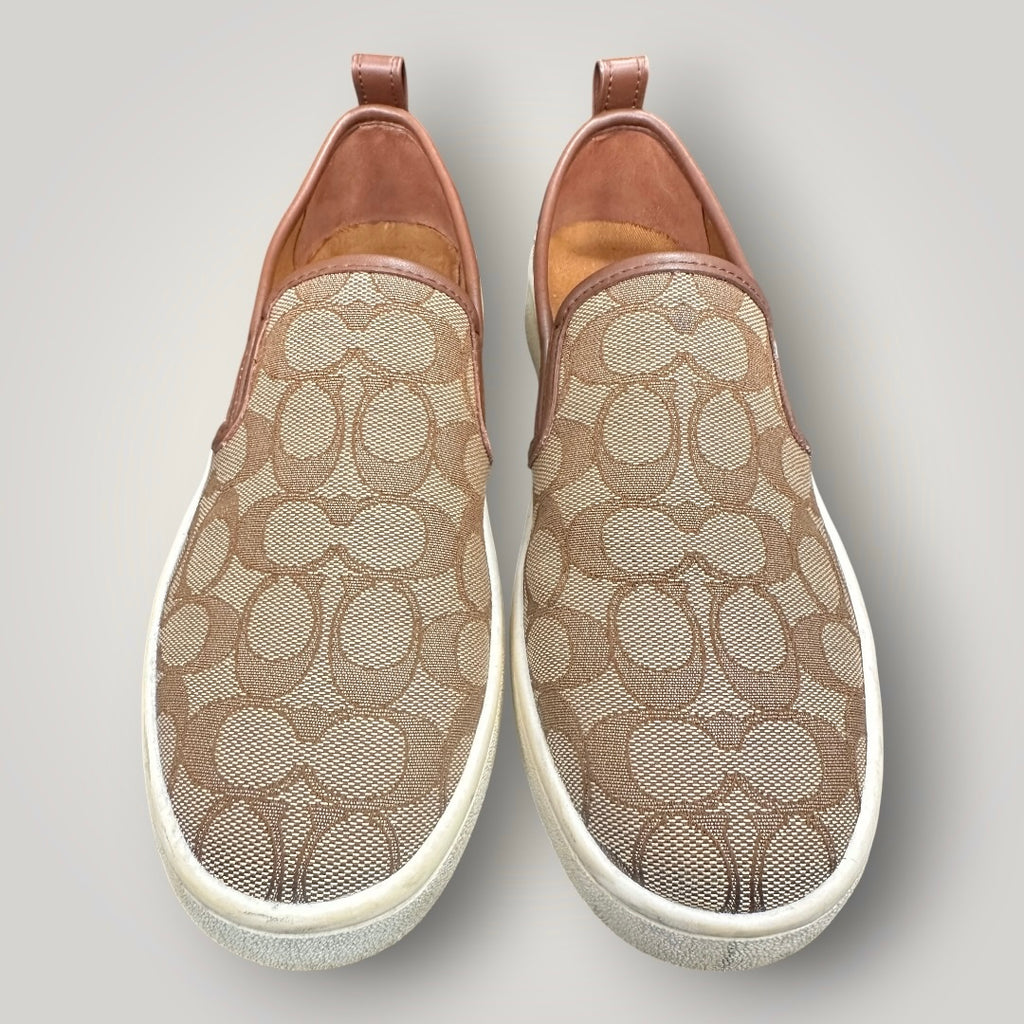 Women's Coach G5311 Brown Signature Slip-On Sneakers Khaki/Saddle Size 9B