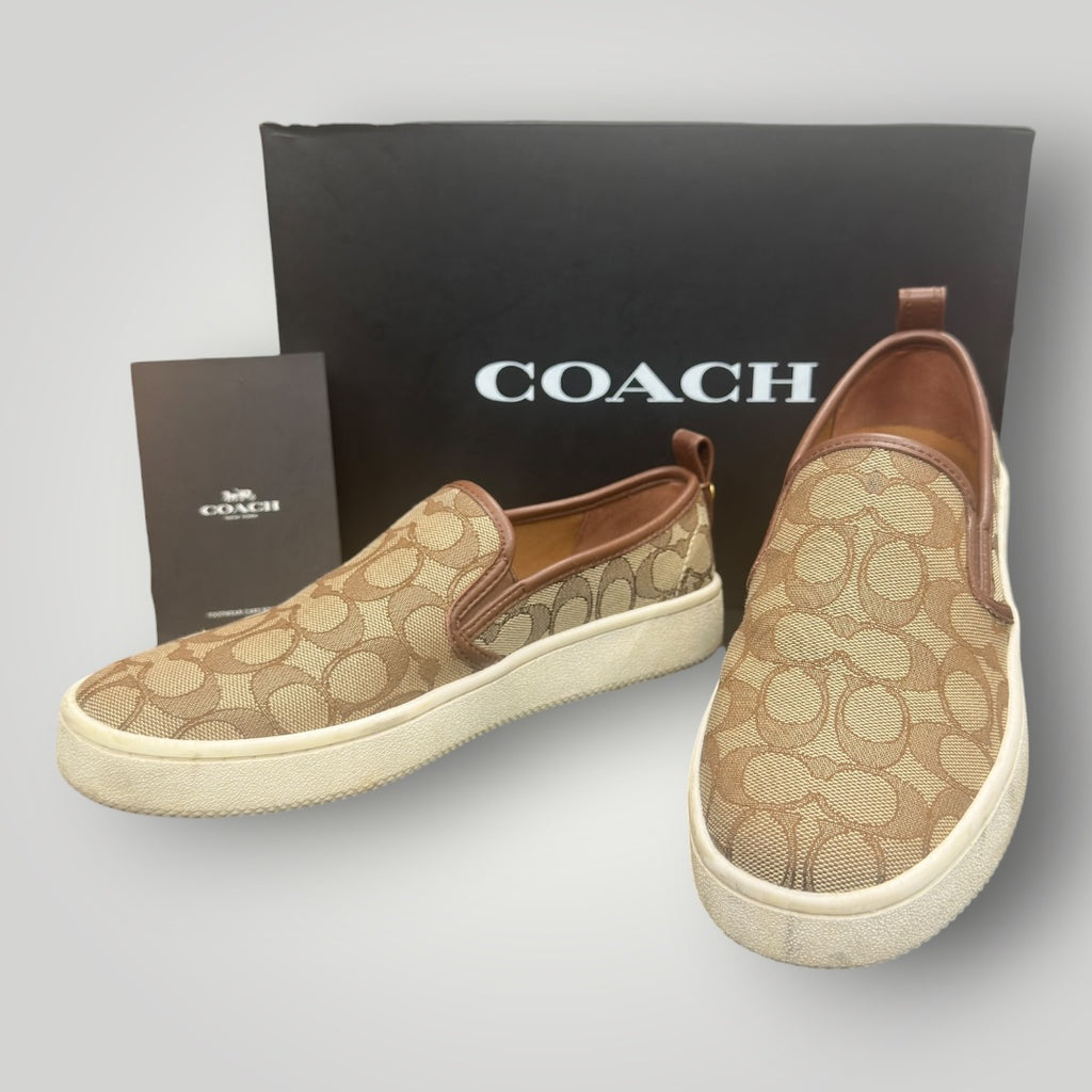 Women's Coach G5311 Brown Signature Slip-On Sneakers Khaki/Saddle Size 9B