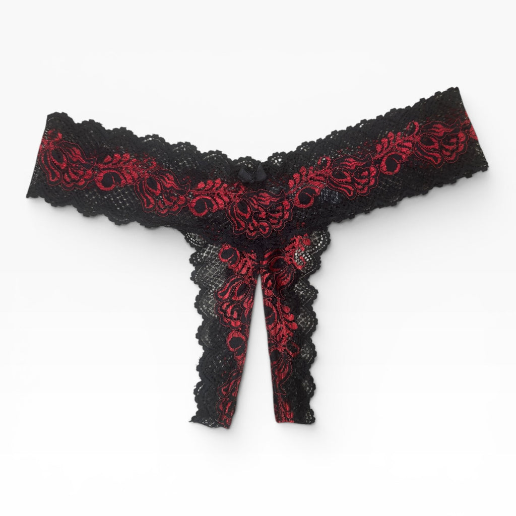 René Rofé Crotchless Lace V-Thong Panties Size M/L Red and Black