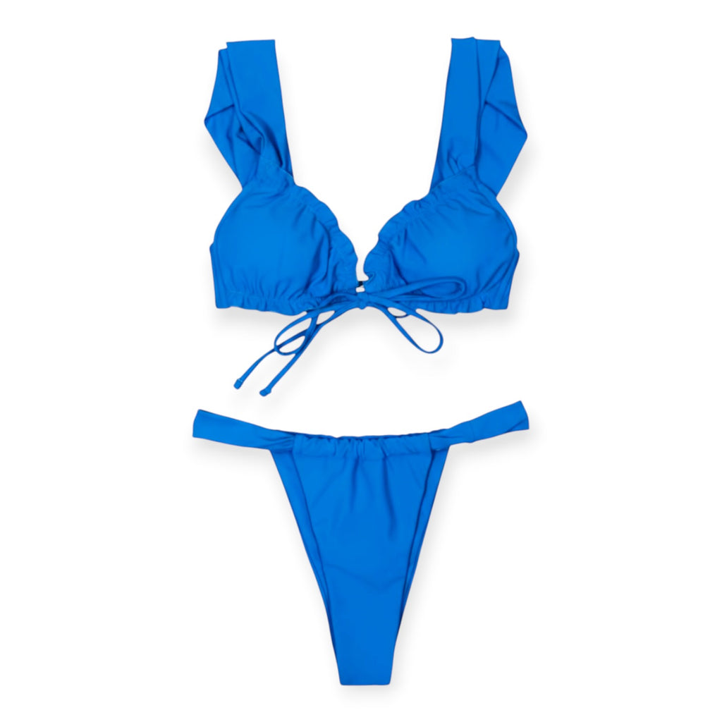 Shein Women's Two Piece Bikini Set Beach Tie Front Frill Trim Bathing Suit Blue M