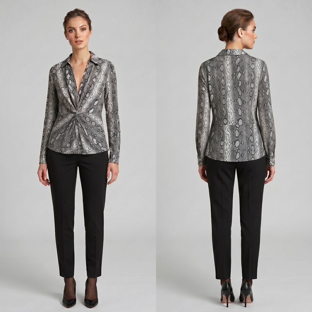 Michael Kors Matte Jersey Snake Print Point Collar V-Neck Front Twist $110 P/XL